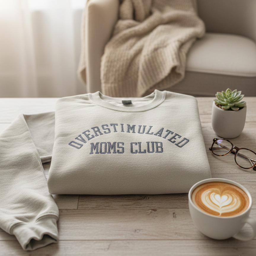 Sweatshirt with 'Overstimulated Moms Club' text on a table with a cup of coffee and glasses.